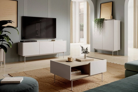 Nábytková sestava Vellore béžová elegantní nástěnná skříňka s minimalistickým designem decentně snížené desky jsou ozdobou nábytku