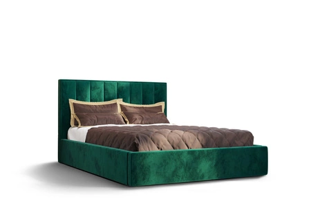 Čalouněná postel Rinus 140x200 s úložným prostorem lahvově zelená v moderním skandinávském stylu s pohodlným čelem