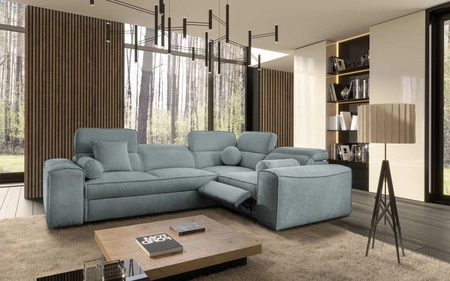 Viano II Lux šedomodrá designová rohová rozkládací pohovka s funkcí spaní do obývacího pokoje s pohodlnou výsuvnou opěrkou nohou