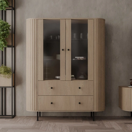 Ovalio 123 cm dub cremona designová vitrína do obývacího pokoje s oválným tvarem a dekorativním frézováním prostorné zásuvky