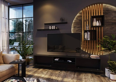 Metoni černá / lesklá černá univerzální a stylová nástěnná skříňka do obývacího pokoje minimalistický design v moderním prostředí