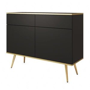 Komoda se zásuvkami Luxury 107 cm černá moderní design obývacího pokoje korpus komody doplněný zlatým lemováním kovové zlaté nohy