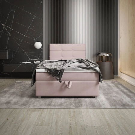 Kontinentální postel Fresno 100x200 pudrově růžová v moderním skandinávském stylu s čalouněným čelem postele s úložným boxem