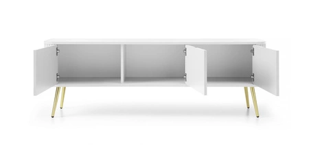 RTV skříňka Zoya 168 cm bílá moderní design masivní sestava na zlatých nohách rýhované čelo charakteristický oválný tvar