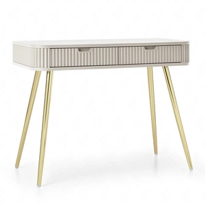 Béžová konzola Zoya se zásuvkami stylový a funkční toaletní stolek zakřivený masivní tvar rýhovaná čela zásuvek zlaté nohy