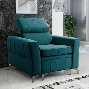 Křeslo Rava azurové praktické a pohodlné křeslo do obývacího pokoje s nastavitelnou opěrkou hlavy a kontejnerem z měkké sametové látky