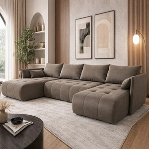 Rohová pohovka s funkcí spaní Selva U tmavě béžová Zajímavě řešená rohová pohovka z látky s plyšovým povrchem