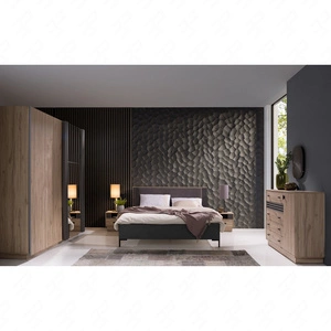 Ložnicová sestava nábytku Estan dub světlý / antracit nadčasový design ložnicová sestava nábytku prostorná posuvná skříň se zrcadlem