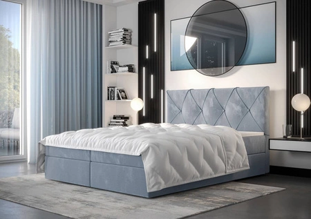 Modrá kontinentální postel Arvada 140x200 v moderním skandinávském stylu s čalouněným čelem