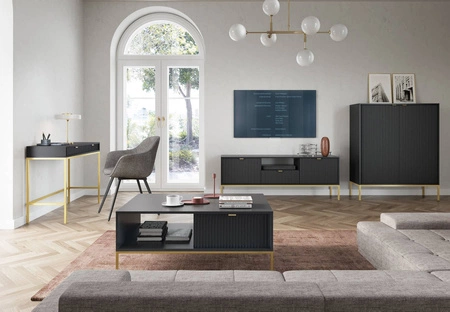 Černá konzola Lovro se zásuvkami stylový a funkční nábytek do předsíně, obývacího pokoje nebo kanceláře, rám ve zlaté barvě