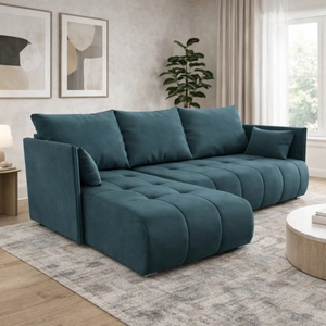 Rohová pohovka s funkcí spaní Selva tmavě šedá víceúčelová rohová pohovka s úložným prostorem na lůžkoviny z látky s plyšovým povrchem