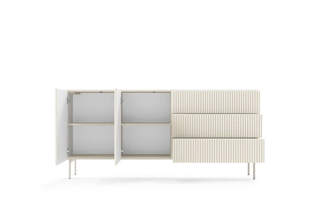 Nábytková sestava Muti béžová designová závěsná skříňka do obývacího pokoje poutavé drážky na čelech nábytku a korpusy systém push to open