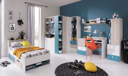 Nízká knihovna Niko 45 cm bílá / dub / mořská ideální do pokoje pro mládež velmi užitečná knihovna se zásuvkou moderní design