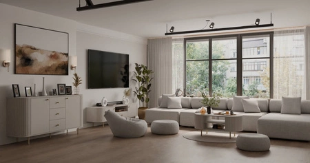 Komoda Ovalio 165 cm béžová moderní tvar oválné komody do obývacího pokoje dekorativní frézování na korpusu