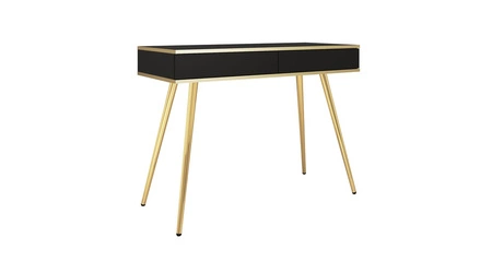 Luxusní černá konzola se zásuvkami Stylový a elegantní toaletní stolek na zlatých kovových nohách, jehož tělo je doplněno zlatým lemováním