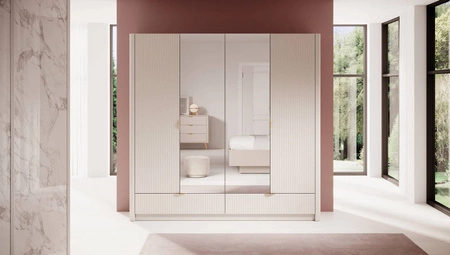 Zrcadlová šatní skříň Lante 213 cm béžová stylová šatní skříň se zásuvkami v moderním designu drážkovaná čela originální zaoblený tvar