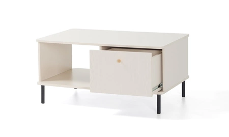 Nábytková sestava Ferdi béžová písková minimalistický design nástěnných skříněk do obývacího pokoje zlaté úchytky korpusy přesahující linii stolových desek