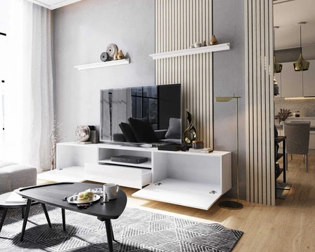 Ekali 258 cm bílá / bílá lesklá nástěnná skříňka RTV s policemi elegantní a stylový design, který se hodí do každého interiéru