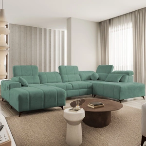 Rohová pohovka s funkcí spaní Penejos VI zelená levostranná stylová rohová pohovka se dvěma přihrádkami na lůžkoviny odolná látka