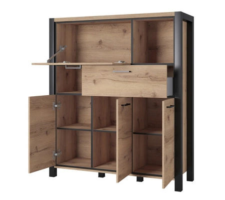 Aktiv vysoká komoda 120 cm dub taurus / černá designová komoda se zásuvkou v industriálním stylu s černými kovovými úchyty