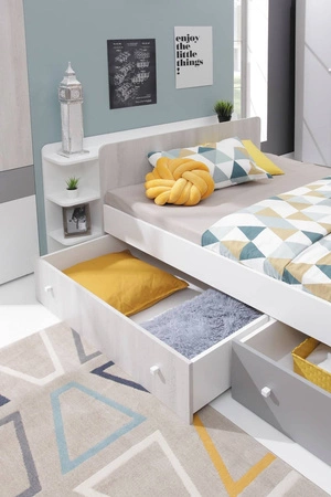 Postel se zásuvkami Arona 120x200 cm bílá / dub wilton bílá / šedá moderní design lemování postele se speciální ABS dýhou