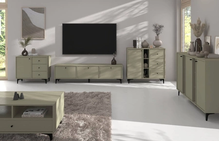 Sestava nábytku do obývacího pokoje Kyoto I eukalyptus stylový design elegantní nábytek na kovovém černém podstavci decentní úchyty