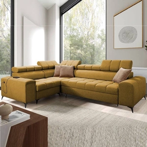 Rohová sedací souprava s funkcí spaní Bolmso II hořčice levá rohová sedací souprava s kontejnerem na ložní prádlo s plnovýsuvnou zásuvkou v boční části nábytku