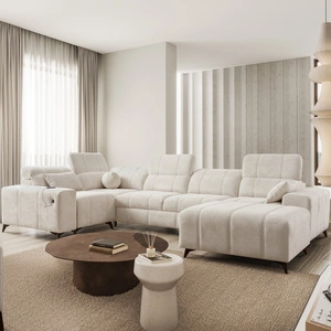 Rohová sedací souprava s funkcí spaní Penejos IV krémová pravostranná stylová rohová sedací souprava se dvěma nádobami na lůžkoviny odolná látka