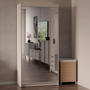 Šatní skříň Rene 90 cm béžová písková stylový design jednoduchý tvar ideální šatní skříň se zrcadlem do ložnice nebo předsíně hrany s povrchovou úpravou ABS