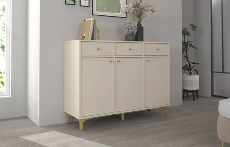 Komoda Kioto I 125 cm béžová minimalistická forma ideální komoda do obývacího pokoje nebo ložnice zlaté doplňky