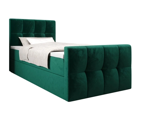 Kontinentální postel Manhattan 90x200 lahvově zelená v moderním skandinávském stylu s čalouněným čelem a nohou postele s úložným boxem