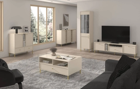 Obývací sestava Kioto II béžová stylový design elegantní nábytek v tlumených barvách obohacený zlatými vysokými nožkami