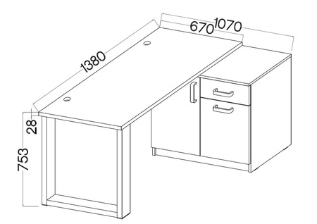 Rohový psací stůl Makana světle šedý / dub řemeslná komoda se zásuvkou a policemi stylový a funkční kus nábytku s 28mm horní deskou