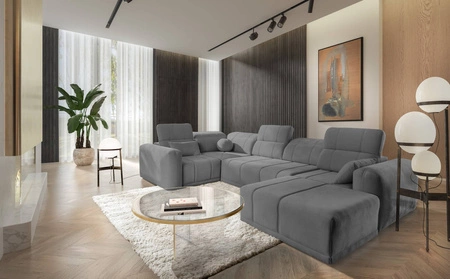 Rohová sedací souprava s funkcí spaní Cetara IV šedá pravý roh stylový design s posuvnými opěradly dvě nádoby na lůžkoviny