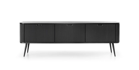 RTV skříň Zoya 168 cm černá moderní design korpusu na kovových nohách rýhované čelo charakteristický oválný tvar