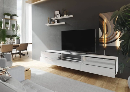 Závěsná RTV skříňka Lutra 258 cm bílá / bílý lesk s policemi stylová designová TV skříňka s vysoce lesklými čely