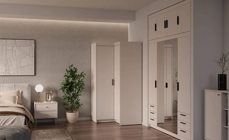 Rohová šatní skříň Rene béžová písková stylový design ABS hrany čela šatní skříně do ložnice v matném provedení černé úchyty