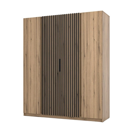 Šatní skříň Kastano XIII 200 cm dub evokuje moderní design kovové hrany úchytek dveře šatní skříně zdobené černými lamelami