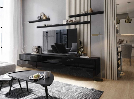 Nástěnná TV skříňka Plomari 258 cm černá / lesklá černá s policemi minimalistický design v moderním uspořádání prostorné zásuvky