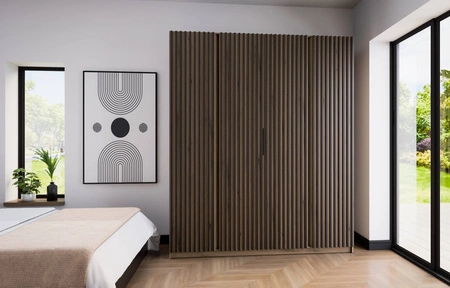 Šatní skříň Kastano XV 200 cm dub evokuje moderní design dveře zdobené černými lamelami ideální skříň do ložnice