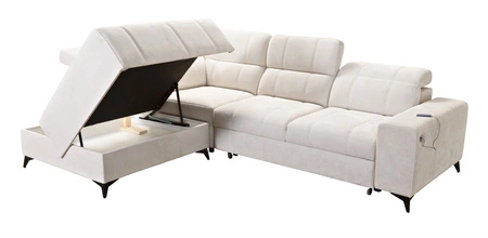 Rohová pohovka s funkcí spaní Penejos VII béžová levá stylová rohová pohovka s úložným prostorem na lůžkoviny pohodlné polohovatelné opěrky hlavy