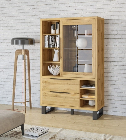 Skříňka Halle 120 cm dub wotan jednoduchý tvar podkrovní skříňky na kovovém rámu neobvyklý design prostorné zásuvky