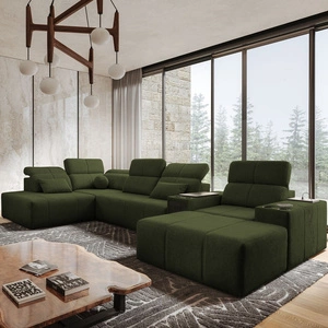 Rohová sedací souprava s funkcí spaní Tesalia V zelená pravá komfortní rohová sedací souprava se zásuvkou a funkcí posuvného opěradla