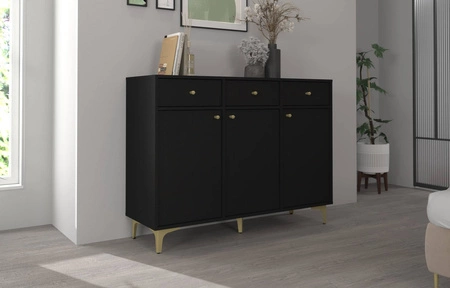 Komoda Kioto I 125 cm černá grafitová minimalistická forma ideální komoda do ložnice nebo obývacího pokoje zlaté doplňky