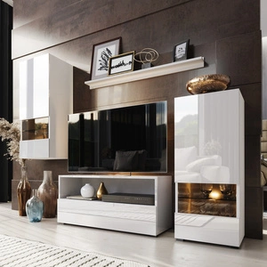 Univerzální a stylová nástěnná skříňka Olimpia bílá / bílý lesk do obývacího pokoje - jednoduché kousky, které se hodí do každého interiéru