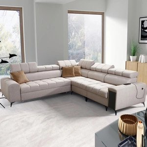 Rohová sedací souprava s funkcí spaní Bolmso III béžová pravostranná rohová sedací souprava s kontejnery na lůžkoviny s plnovýsuvnou zásuvkou v boku nábytku