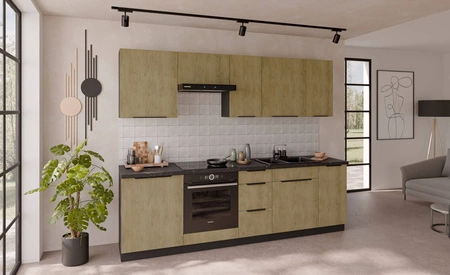 Sada kuchyňského nábytku Crotone 260 cm elegantní kuchyňské skříňky v jemných a přírodních barvách úchyty s kovovými hranami