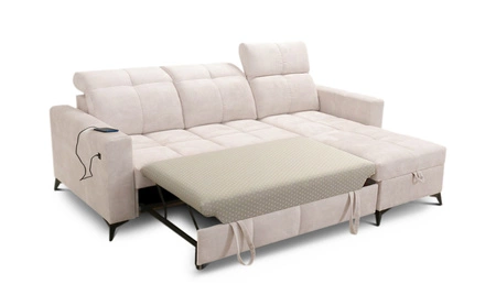 Rohová pohovka s funkcí spaní Laredo tmavě béžová pravý roh pohodlná a stylová rozkládací pohovka s kontejnerem na lůžkoviny