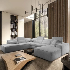 Rohová sedací souprava s funkcí spaní Viano X světle šedá pravé provedení Rohová sedací souprava do obývacího pokoje v moderním stylu s nastavitelnými opěrkami hlavy