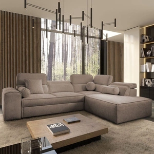 Rohová sedací souprava s funkcí spaní Viano VII světle hnědá pravý roh moderní a stylová s nastavitelnými opěrkami hlavy dekorativní polštáře